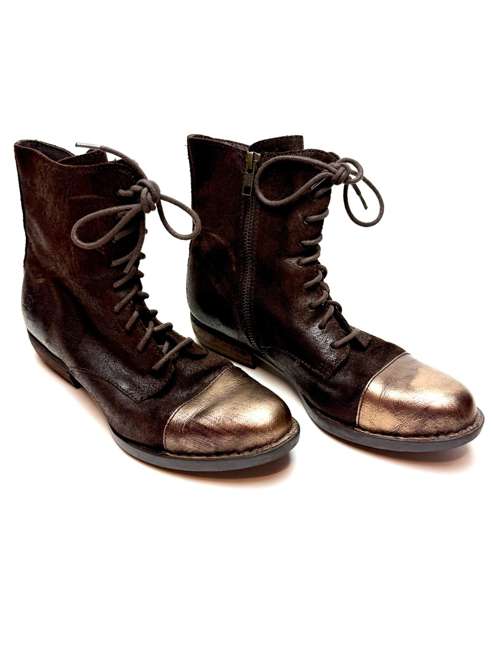 Børn: Lace-Up Ankle Boots in Dark Brown with Metallic Bronze Cap